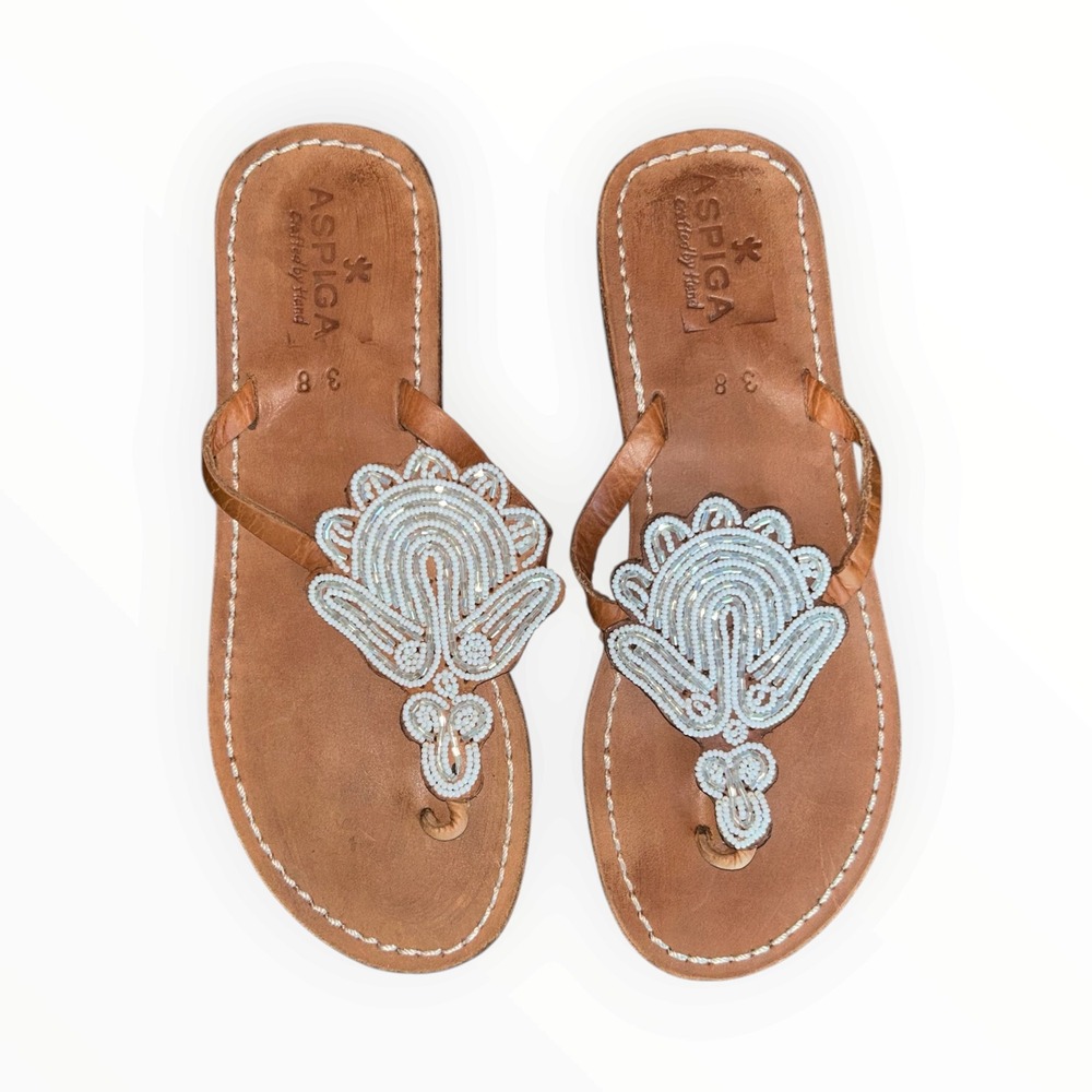 Aspiga Handcrafted Leather Beaded Thong Sandals Tan White Medallion Womens 38